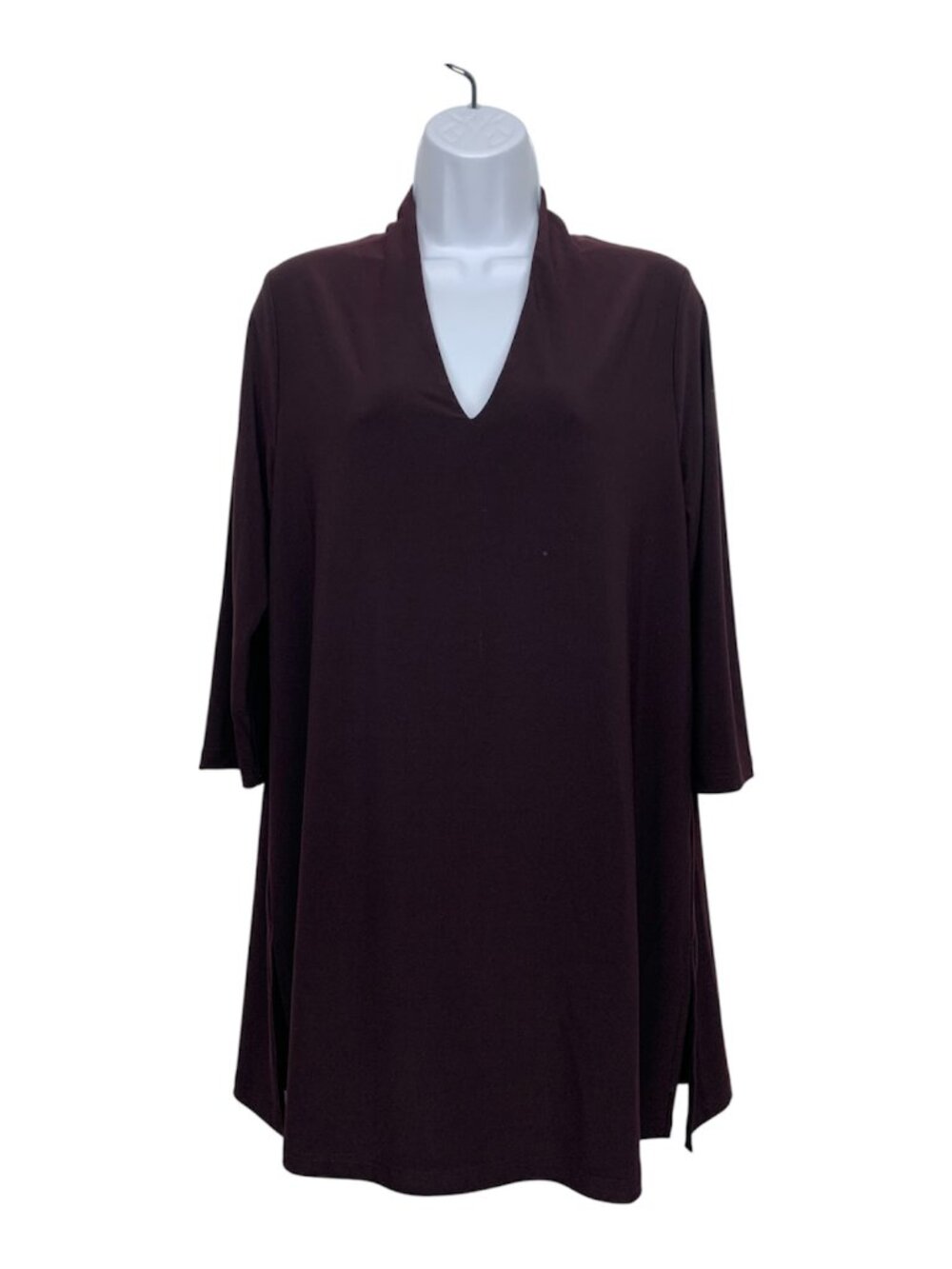 Sympli Women size 12 Dark Plum Long Tunic V-Neck 3/4 Sleeve Stretch Jersey Top
